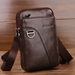 Bolso cruzado de cuero genuino para hombre, bolsa de hombro para la cintura, funda para teléfono móvil, bandolera con gancho