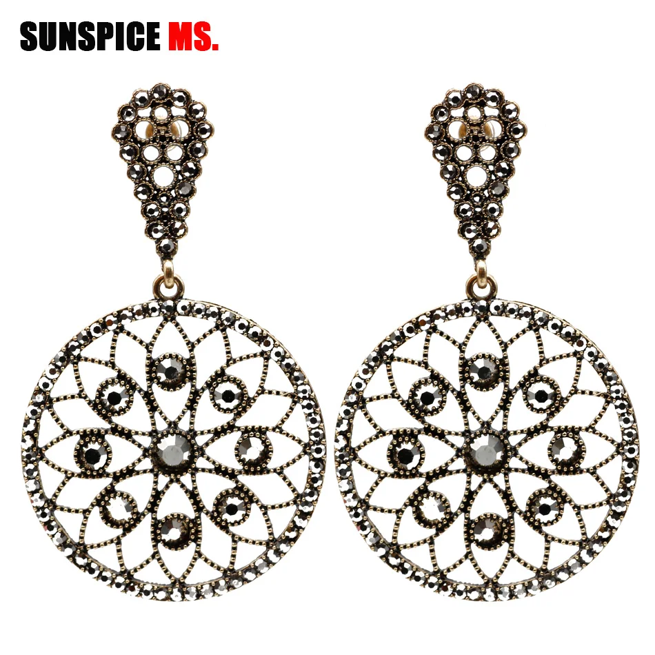 Sunpicems Gothic Crystal Drop Earrings for Women Antique Gold Color Round Big Dangle Earring Greece Bride Jewelry Gift 2020