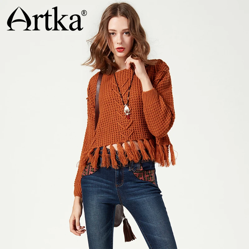 ARTKA Women\'s Pullover Sweater 2018 Autumn Vintage Jumper Women Hollow Out Tassel Sweater Female Knitted Pullover Femme SA10176Q