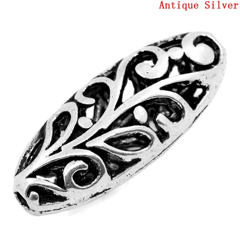 Doreen Box hot-  Spacer Beads Oval Silver Color Hollow Flower Carved 23x10mm,Hole:Approx 1.5mm,20PCs  (B23155)