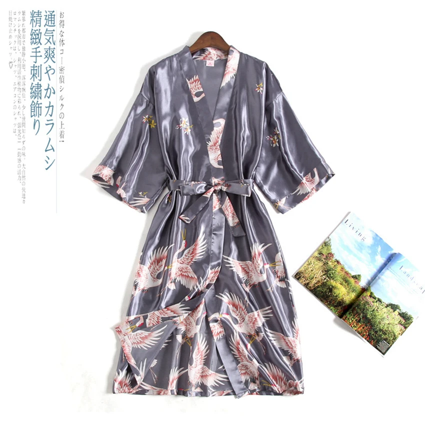 Summer Cardigan Japanese Style Crane Women Kimono Satin Yukata Vintage Nightgown Plus Haori Pajamas Party Spa Korean Long Robe