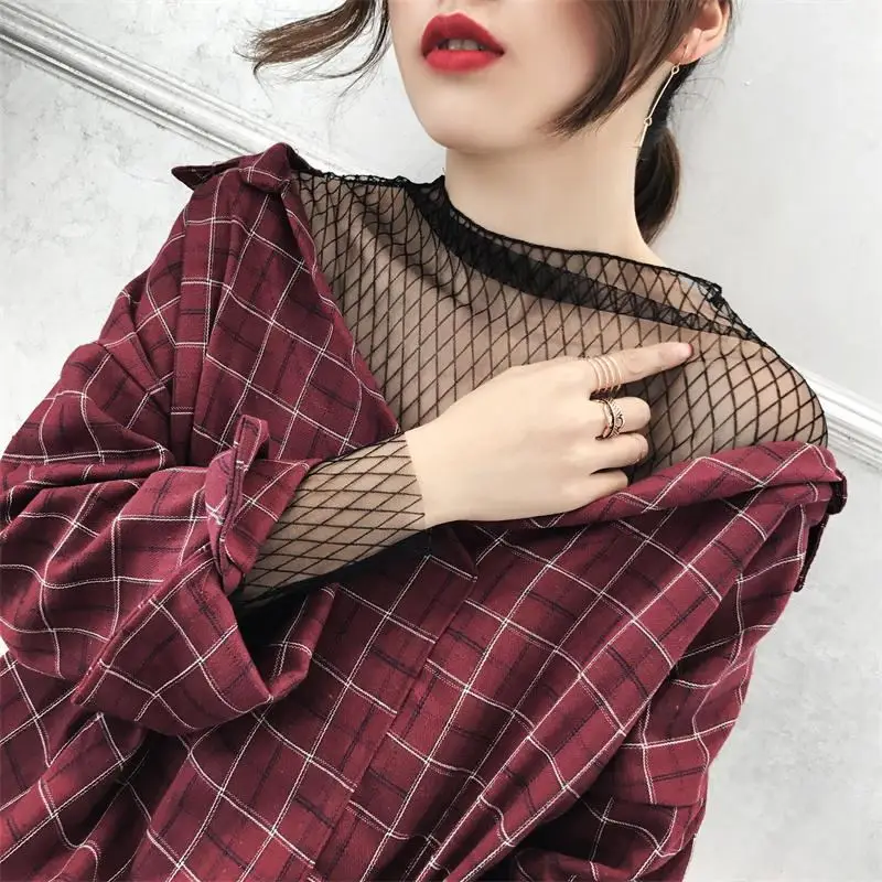 Shirts Women Korean Chic Trendy Loose Mesh Patchwork Womens Plaid Retro V-Neck Female Temperament All-match Fashion Casual Daily