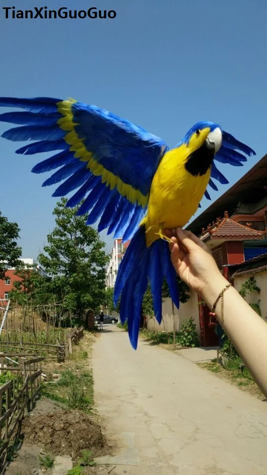 

large 45x60cm blue feathers parrot hard model spreading wings parrot bird prop handicraft home garden decoration s1883