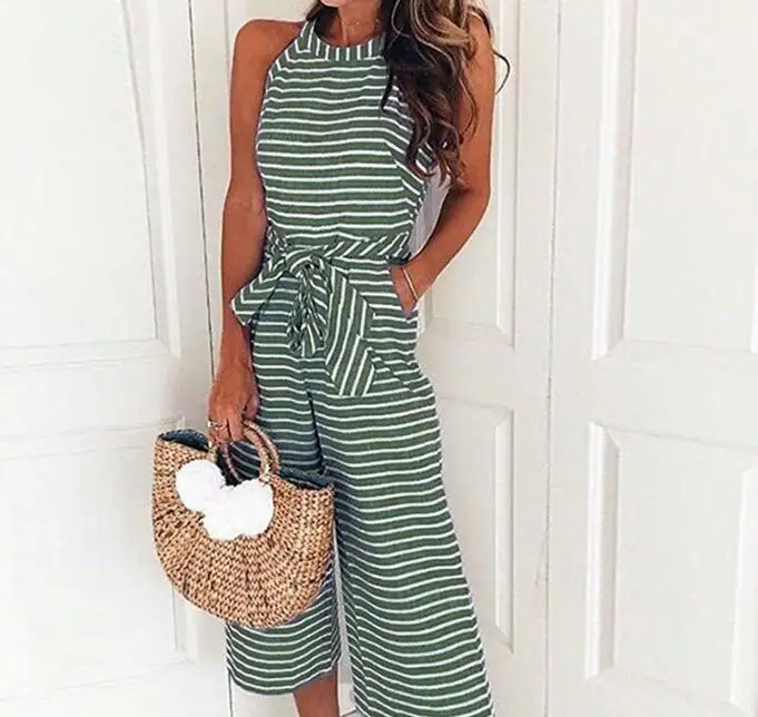 Sang Trọng Gợi Cảm Bộ Đồ Bay Jumpsuits Nữ Không Tay Sọc Rời Quần Quần Ống Rộng Rompers Ngày Lễ Thắt Lưng Leotard Áo Liền Quần