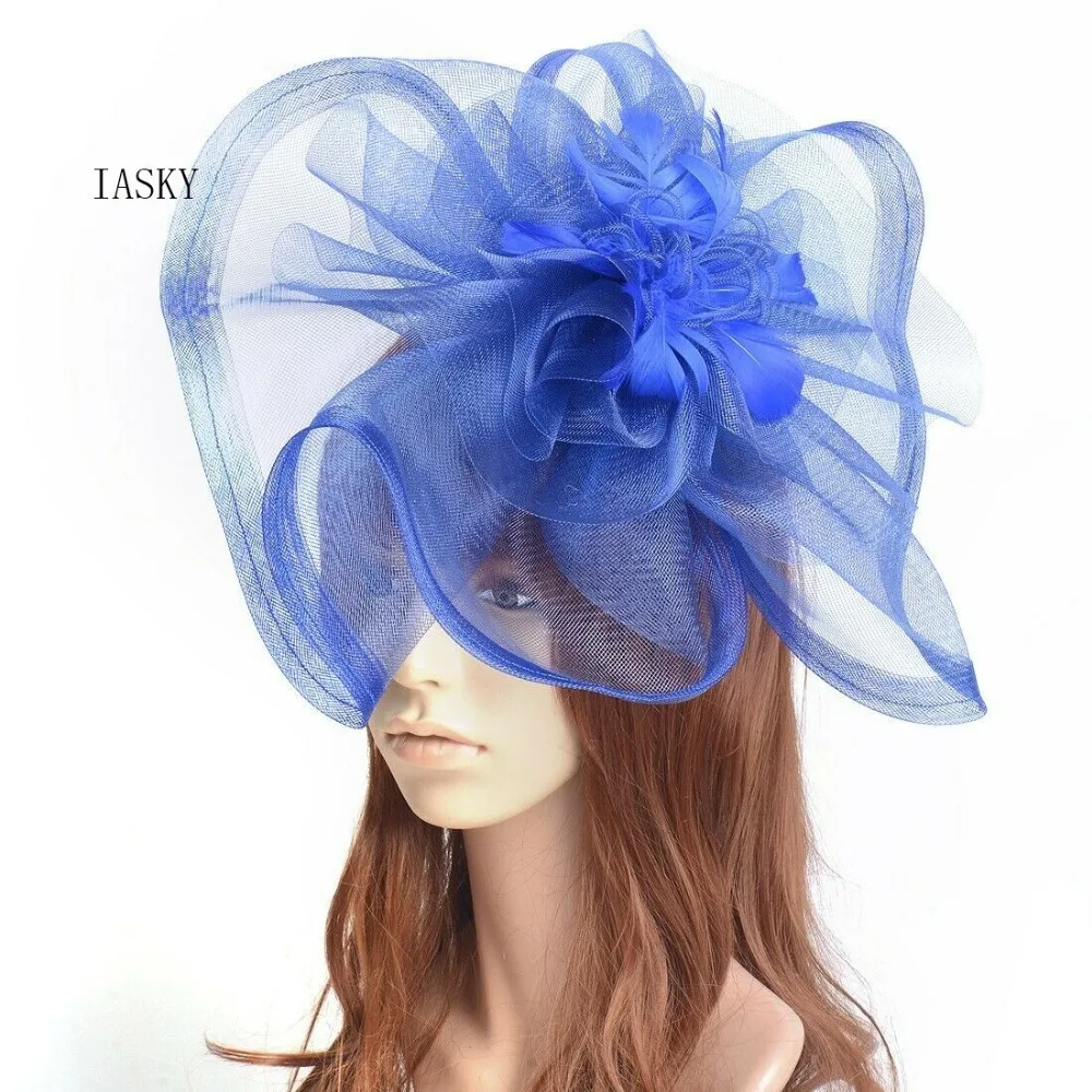 

Large Wedding Fascinator Hair Clip Hat Women Mesh Feather Headwear Cocktail Party Derby Church Ladies Blue Yellow Headdress