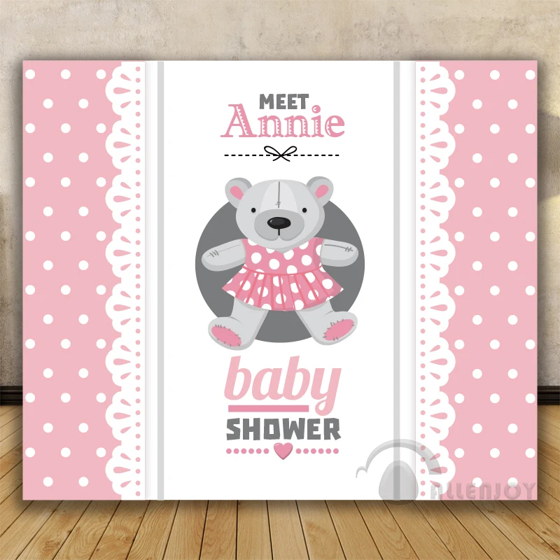 สาววันเกิดทารกอาบน้ำตุ๊กตาหมีแบนเนอร์ฉากหลังเชิญฉลองงานปาร์ตี้สีชมพูพื้นหลังวงกลมสีขาว Allenjoy