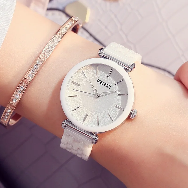 Kezzi Brand Ceramic Watches White Flower Quartz Watch Waterproof Bracelet Wristwatch For Women Clock montres femmes