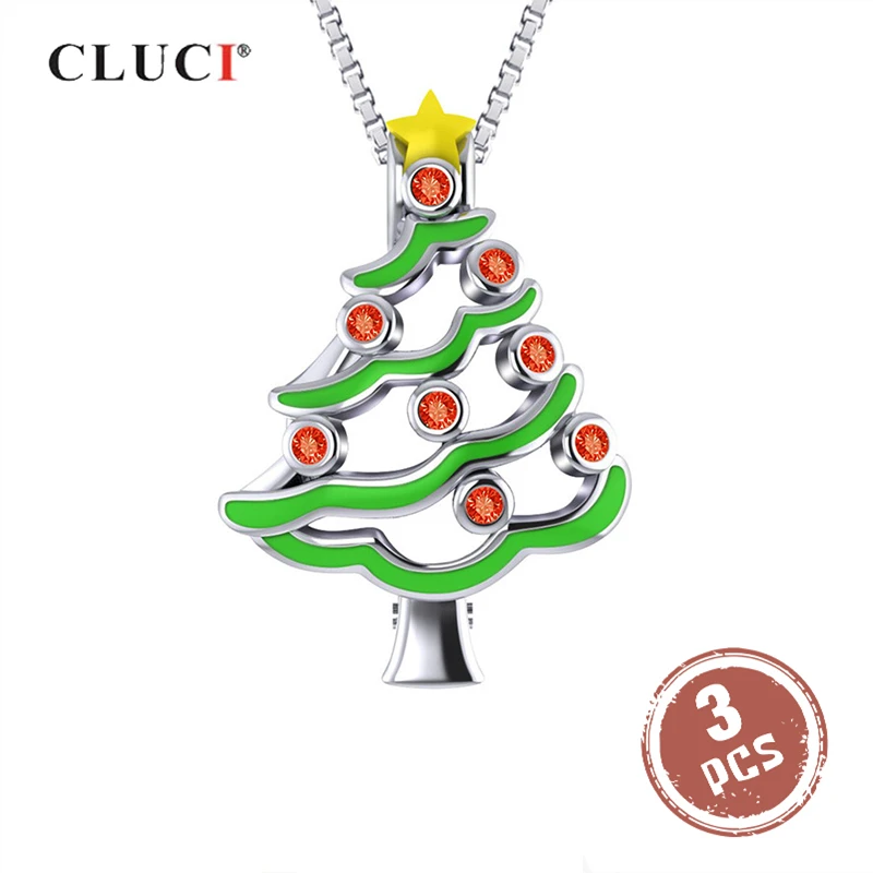 

CLUCI 3pcs Christmas Tree Silver 925 Sterling Cage Pendant for Jewelry Making Zircon Gemstone Women Christmas Pendants SC339SB