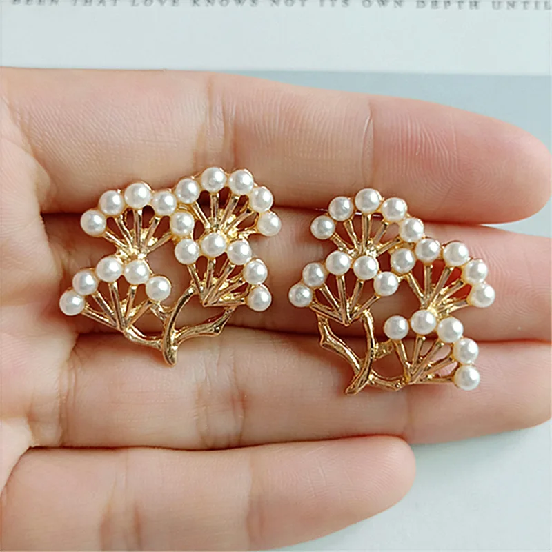 50pcs Gold Color Imitation Pearl Fan shape Branch Charm Leaf Branch Pendant DIY for Handmade Wedding Jewelry Making wholesale