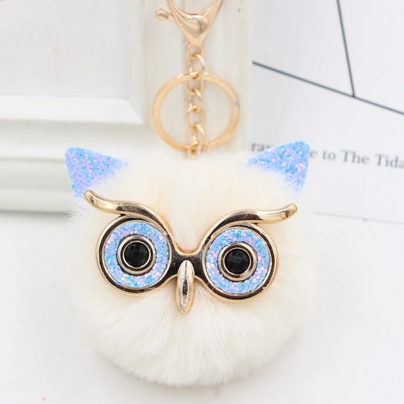 Cute Girls Bling Glitter Owl Keychain Women Fluffy Rabbit Fur Pompom Owl Key Chain On Bag Car Trinket Jewelry Party Gift