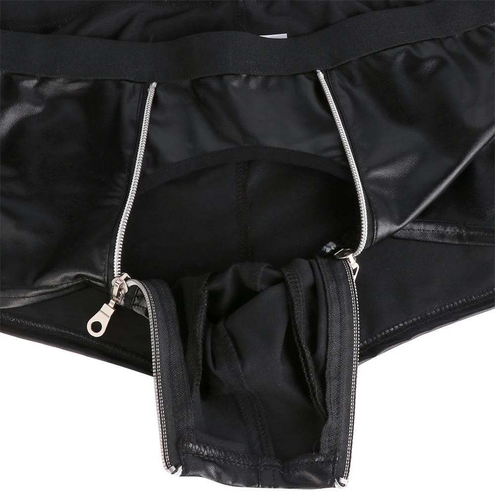 Mens Sexy Faux Leather Double Zipper Jockstraps Shorts Lingerie Wetlook Hot Panties Bulge Pouch Clubwear Underwear Underpants