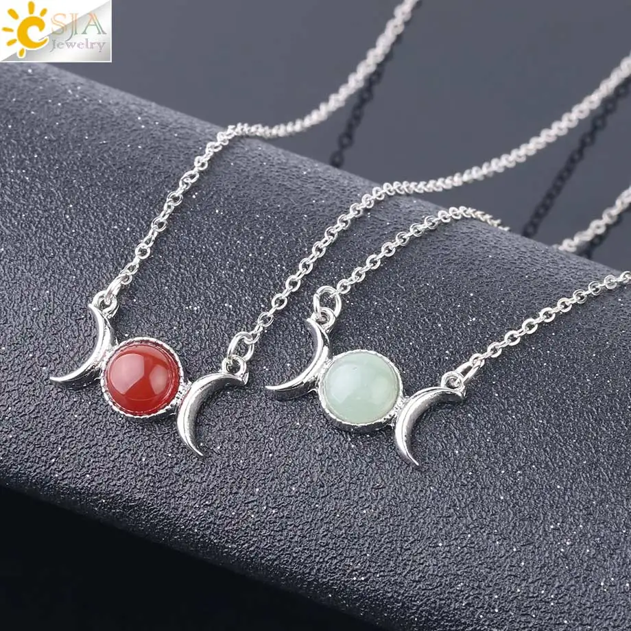 CSJA Vintage Crescent Clavicle Necklace Moon Sun Pendants Silver Color Choker Natural Stone Short Necklaces for Women Girls F707