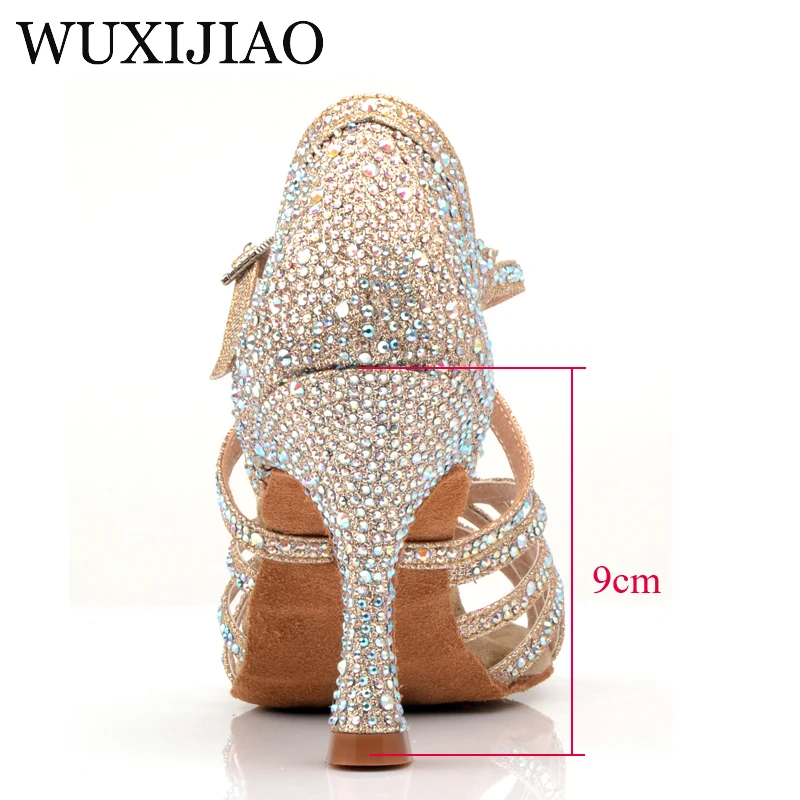 WUXIJIAO Gold silver Rhinestone Latin Dance Shoes Women Salas Ballroom Shoes Pearl High Heel 9cm Waltz Software Shoes Hot Sale