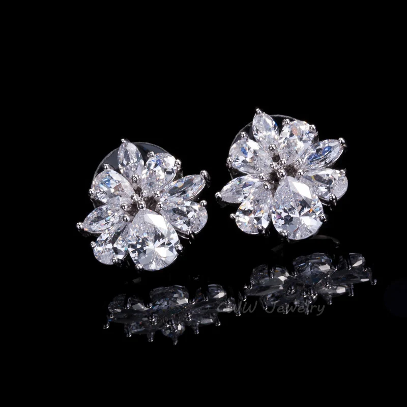 CWWZircons Romantic CZ Women Jewelry Silver Color Flower Shape High Quality Cubic Zircon Stone Earrings for Girls Gift CZ306