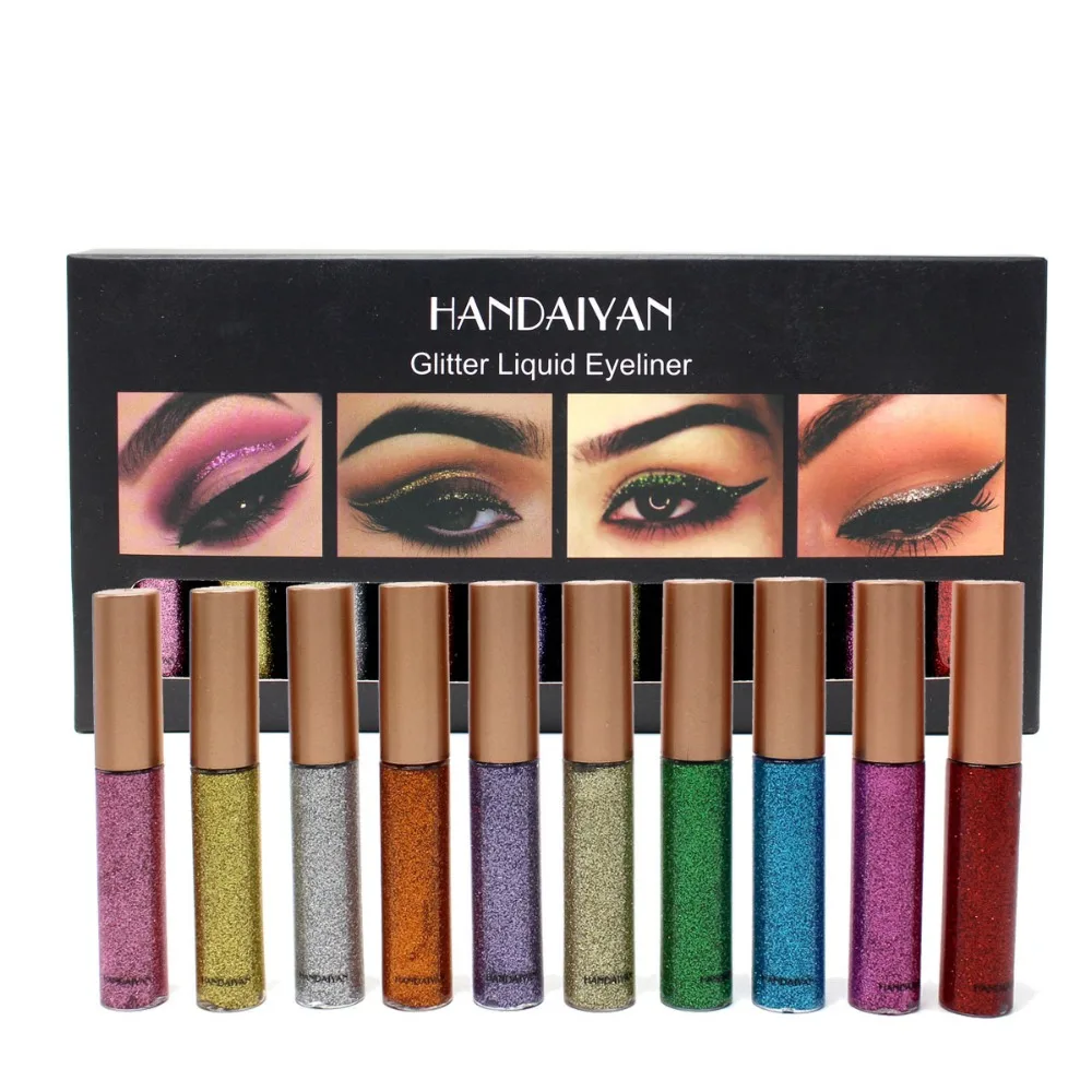 Waterproof HANDAIYAN Liquid eyeliner set glitter colors 10 colors each set easy to wear new in box 3sets/lot  drop shipping