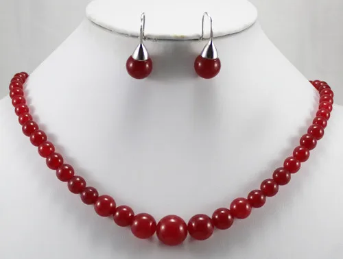 

new design nice 6-12mm 18" red Natural JADE beads necklace and 8mm red Natural JADE earrings set