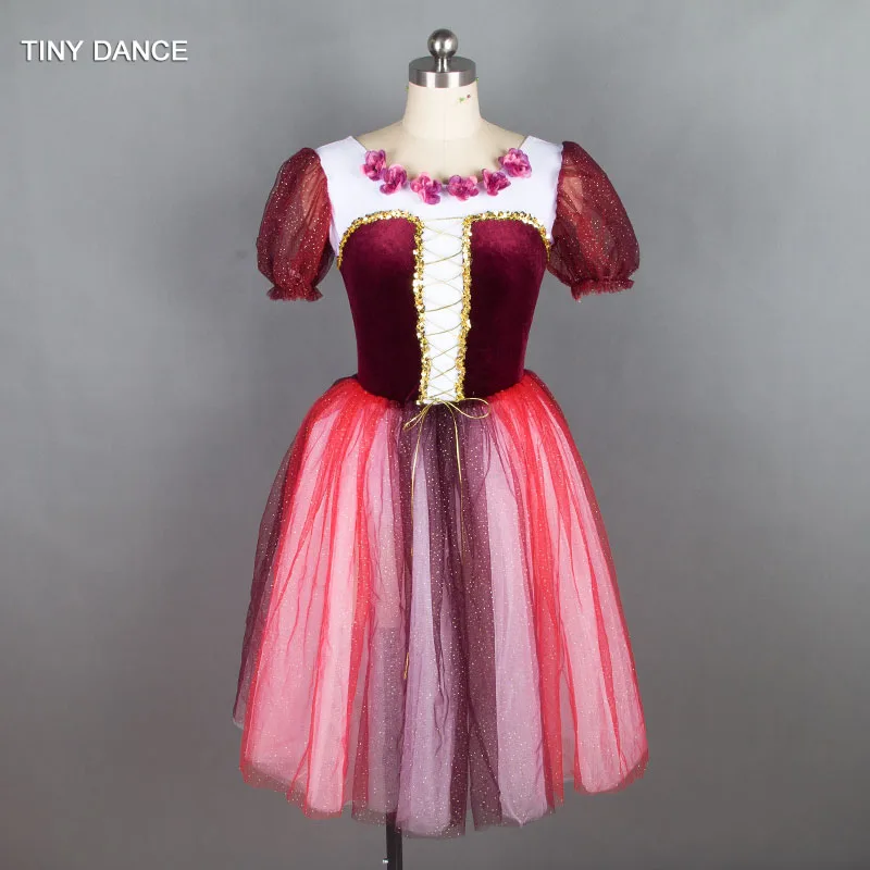 

New Design of Wine Red Short Sleeve Romantic Style Long Ballet Dance Long Tutu Leotard Dress for Girls Performance 18445