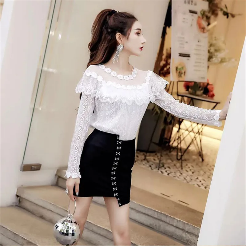 Spring Autumn Women Long Sleeve Shirt Sweet Ruffles Floral Lace Blouse Female Hollow Out Mesh Blouses Blusas Short Tops AB1315