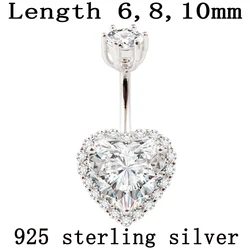 Real 925 sterling silver belly button ring women fine jewelry heart body piercing jewelry S925 6 8 10 mm navel bar zircon stones