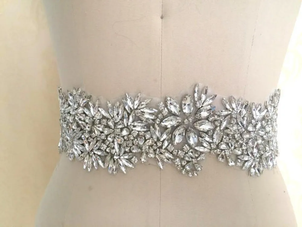 Full Waist Rhinestone Applique Bridal, Crystal Beaded Applique for Bridal Sash Wedding Belt Rhinestone Trims