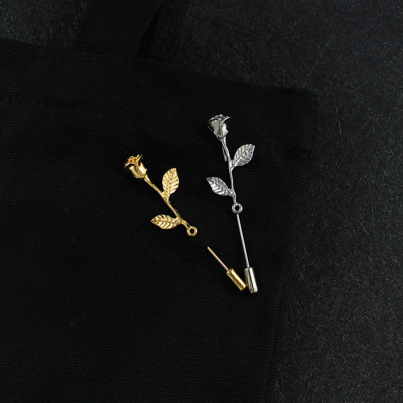 Golden/Sliver Rose Brooch Lover\'s Coat Lapel Pin Corsage Flower Couple Boutonniere Badge Showing Love Jewelry Gift for Couples