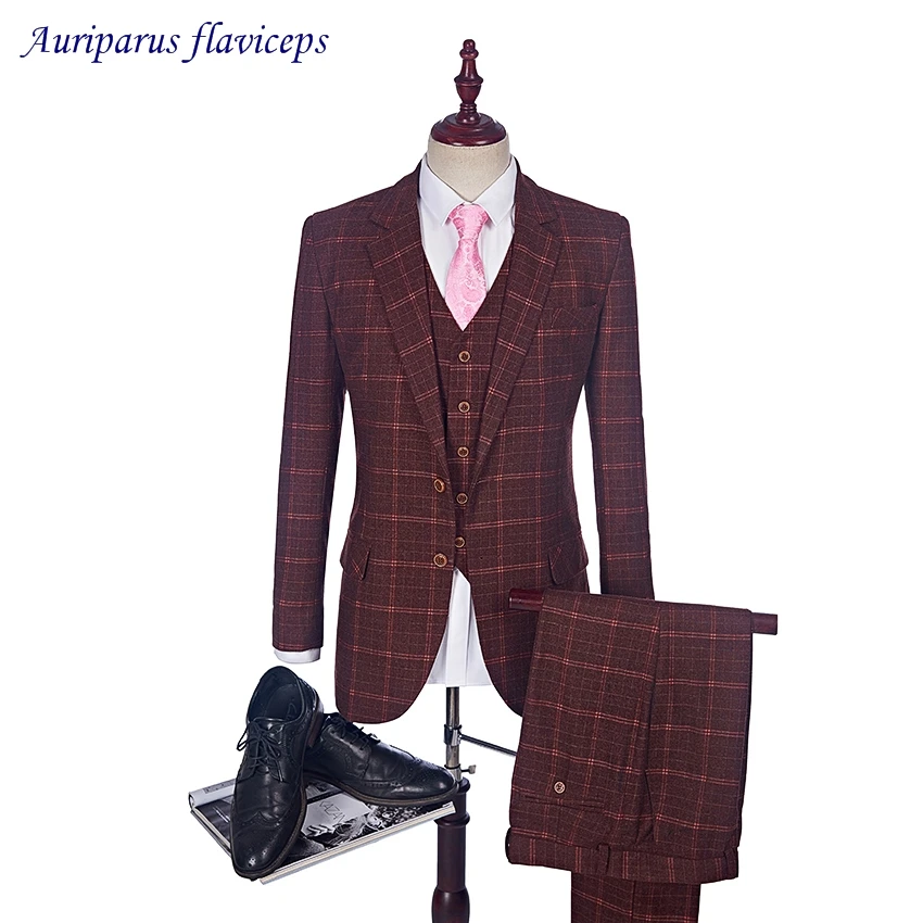 

2023 New Tweed Men Suits Plaid Terno Wedding Suit 2 Buttons Groom Tuxedos Tailored Wool Suits Custom Made (Jacket+pants+vest)