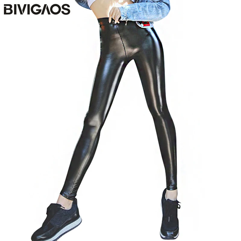BIVIGAOS kobiety jesień czarny PU skóra legginsy aksamitne grube ciepłe legginsy Slim Sexy legginsy Push Up spodnie Skinny fit kobiet