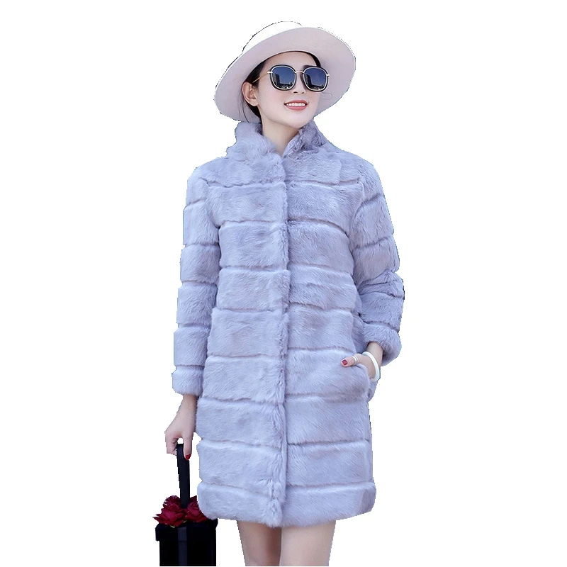 

Lady Real Rabbit Fur Coat Jacket Mandarin Collar Winter Genuine Women Outerwear LF5166