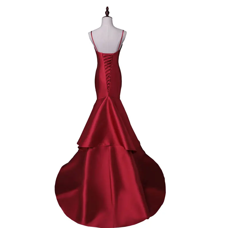 New arrival sexy  evening party Dresses satin long gown Vestido de Festa spaghetti V-neck sweep train  dress