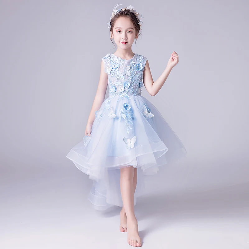 New Blue Tulle Flower Girl Dresses For Wedding Beaded Party Baby Baptism Birthday Dresses Floral Kids First Communion Gown