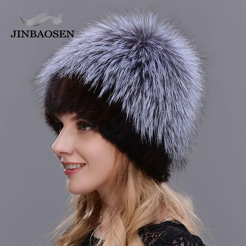 JINBAOSEN New Women\'s Winter Fur Fashion Real Fur Hat Mink Fur Natural Fox Knitted Wool Ski Hat Warm Ear Protection Travel Hat