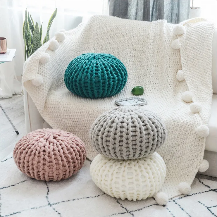 Colorful Hand-knit Round Cushion Decorate Your Home Can Be As POUF Floor Ottoman