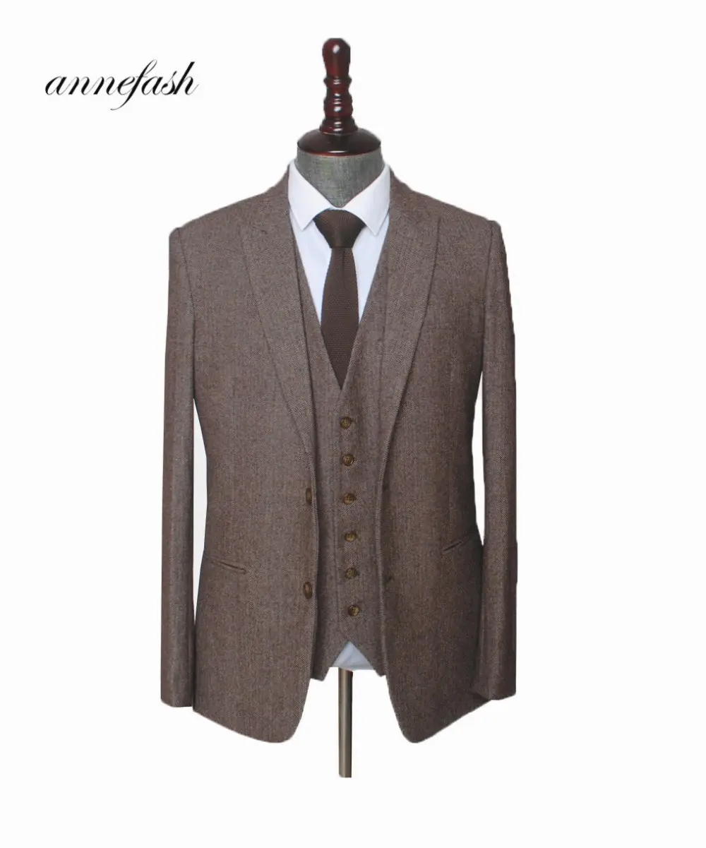 

Custom Made Woolen brown Herringbone Tweed men wedding suit British style Mens suit tailored plus size Blazer suit