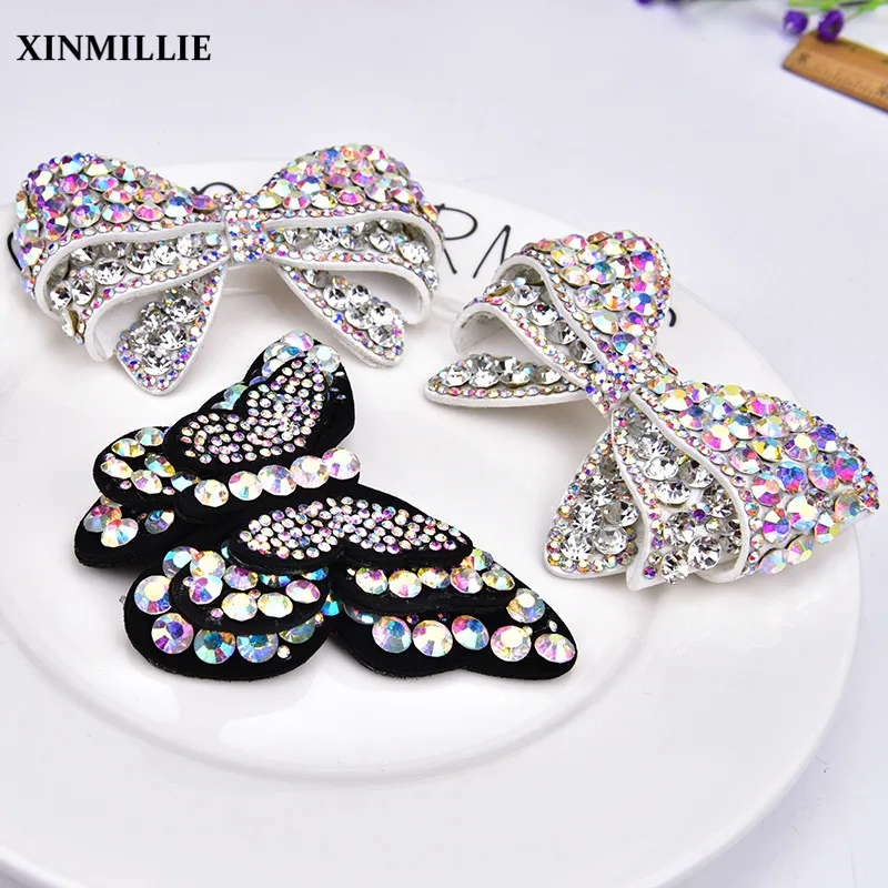 2Pcs Rhinestone Applique Crystal Bow Pearls Glass Stone Patches Embroidery Trim Sew On Shoes Bags Hats Clothes Decoration