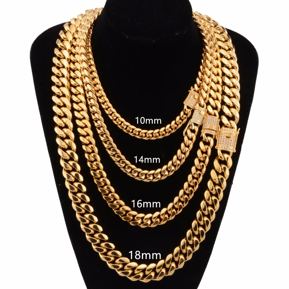 

8-18mm Wide 8-40inch Length Men's Gold Color 316L Stainless Steel Miami Curb Cuban Crystal Chain Necklace Punk Jewelry