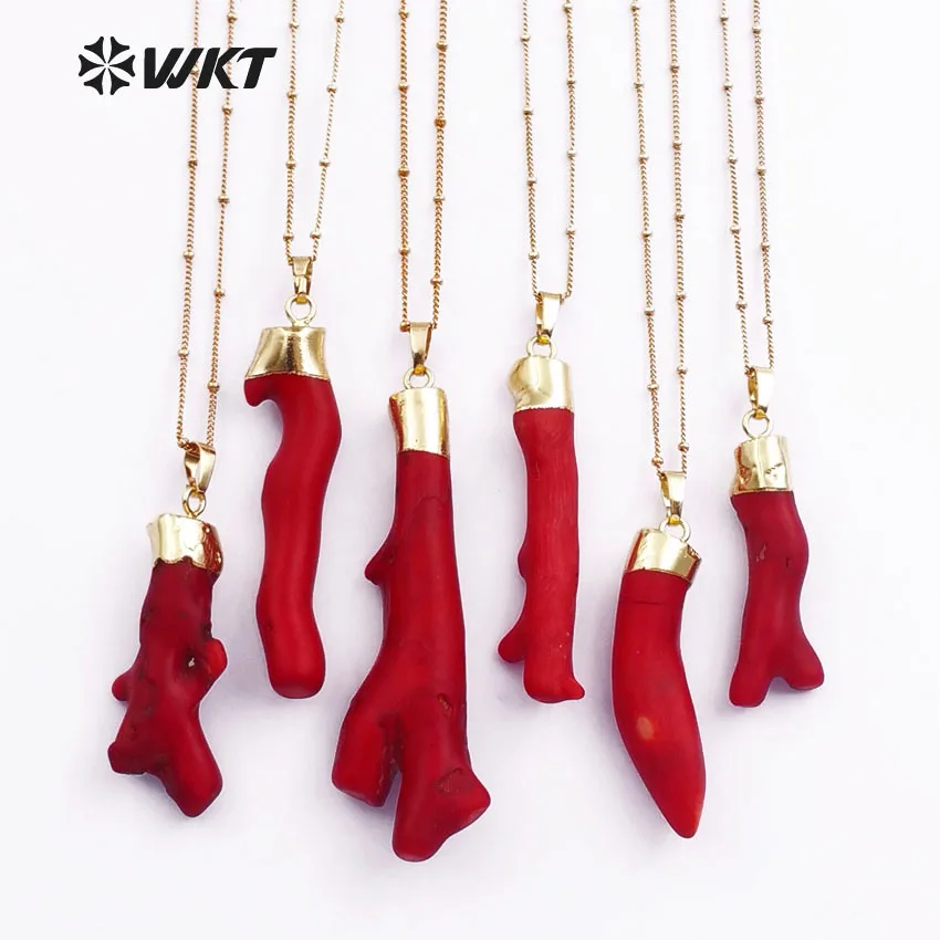 WT-N1121 Vintage Design Natural Random Shape Red Coral With Gold Dipped In Top Pendant 18 Inch Gold Layer Necklace Special Gift