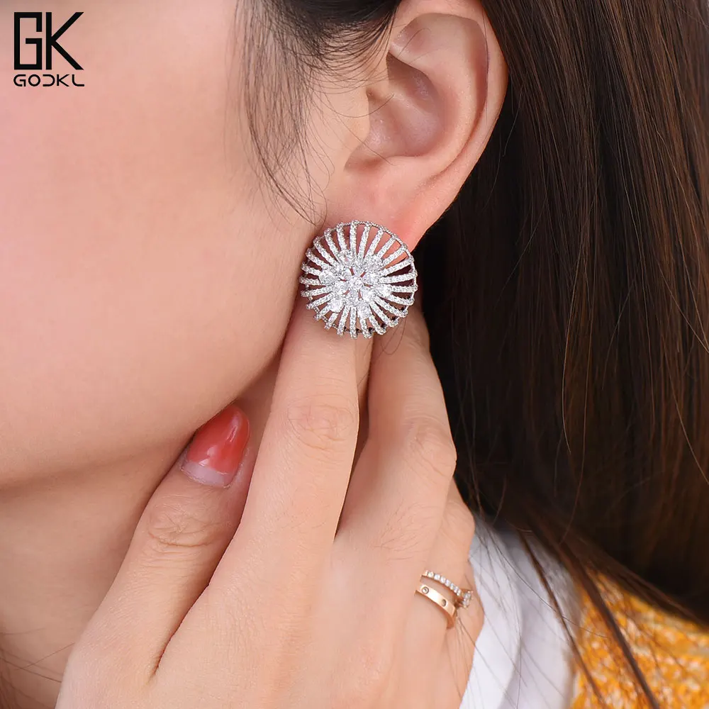 

GODKI Trendy Luxury Round Flower Stud Earrings For Women Wedding Cubic Zirconium Crystal CZ Colombia Dubai 3Tone Bridal Earrings