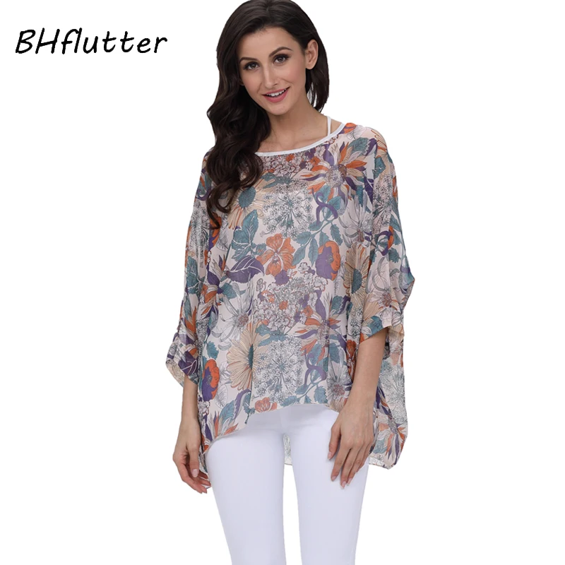 BHflutter Women Blouses 2018 New Fashion O neck Batwing Summer Blouse Boho Style Beach Chiffon Shirts Tops Plus Size 4XL 5XL 6XL