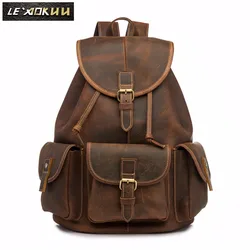 Men Original Leather Fashion Travel University College School Book Bag Designer Male Backpack Daypack Student Laptop Bag 9950-db