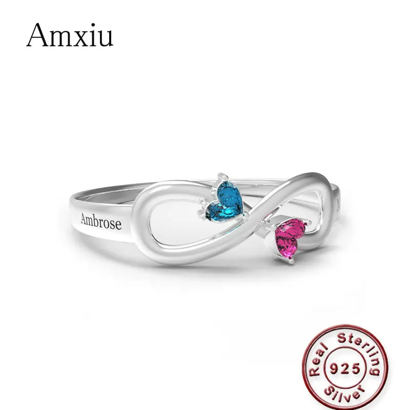 

Amxiu Personalized Promise Ring For Her Women Double Birthstones Engagement Rings 925 Sterling Silver Engraved Name Ring Jewelry