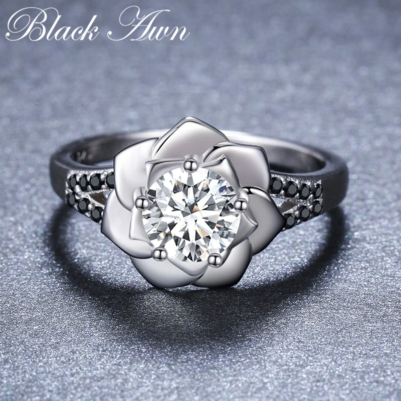 Flower 2024 New Romantic Silver Color fashion jewelry Engagement Black Spinel Engagement  Ring for Women Anillos Mujer G073