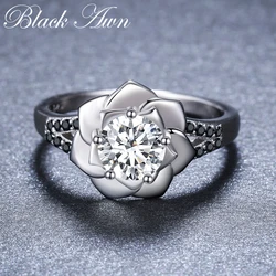 2026 New Flower Romantic Silver Color fashion jewelry Engagement Black Spinel Engagement Ring for Women Anillos Mujer G073