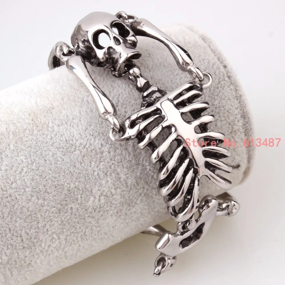 European Halloween Bracelet Punk Skull Skeleton Bracelet For Men Silver Color Stainless Steel Heavy Bangle Cool Jewelry