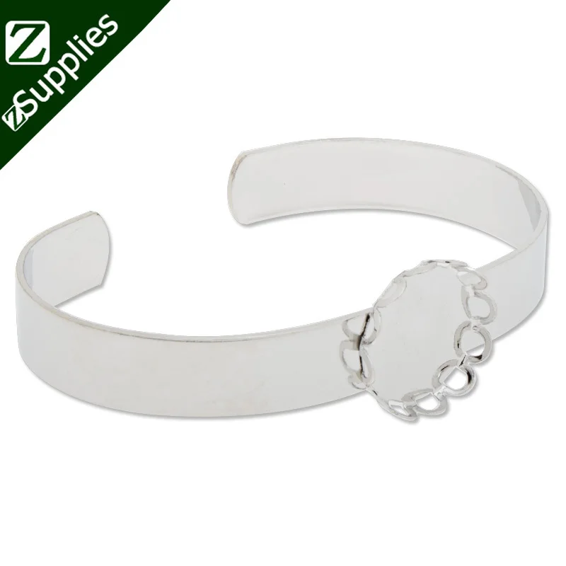 

10PCS Rhodium Plated Bracelet With 15MM Round Bezel,Cuff,Adjustable,Bracelet Blanks,Cuff Bracelet Blank-C2869