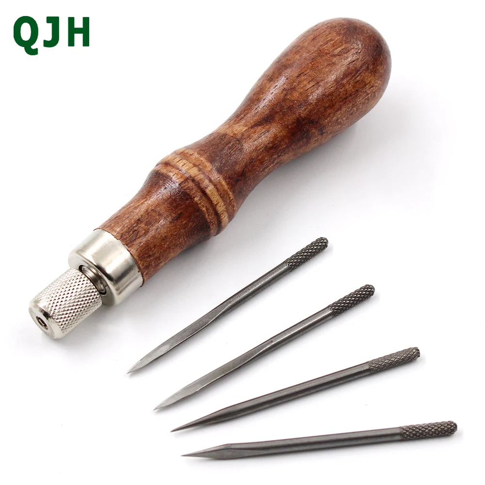 

4 in 1 DIY Leather Craft DIY Wooden Steel Diamond Punch Stitch Awl Canvas Leather Sewing Scratch Awl Tools Stitching Awl Pin