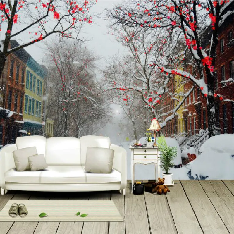 Cold winter plum snow street large murals 3D wallpaper living room bedroom 3D wallpaper painting TV background wall 3D wallpaper