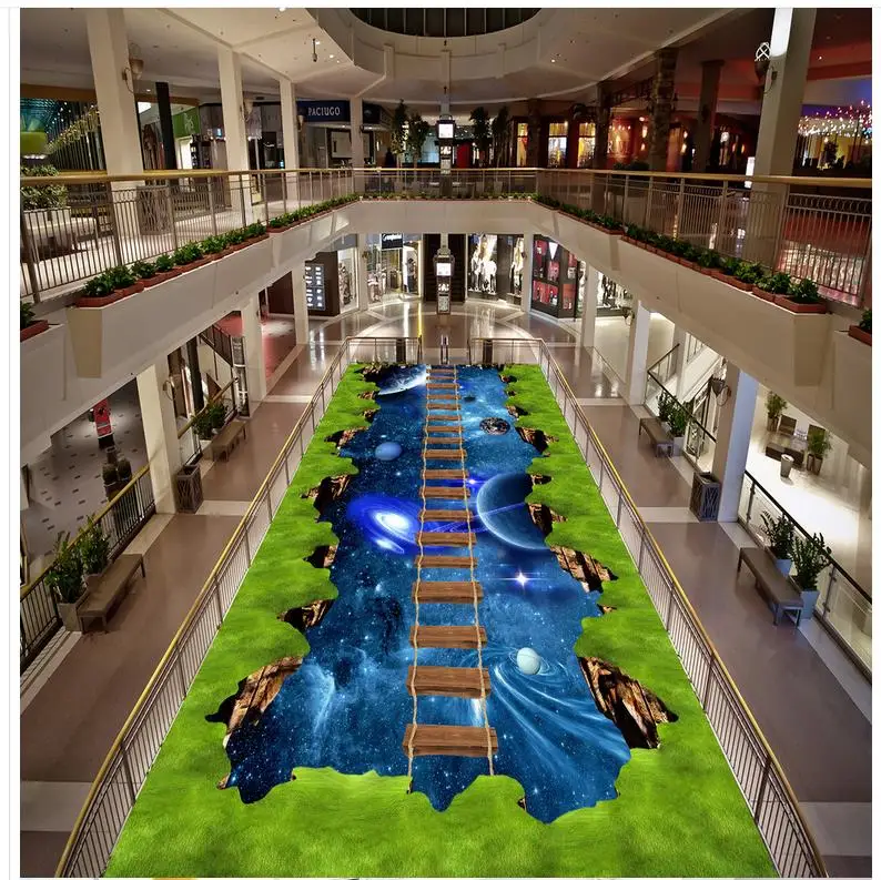 PVC floor sticker painting Murals The starry green vegetation bridge Custom Photo Floor 3D Wallpaper Modern Art