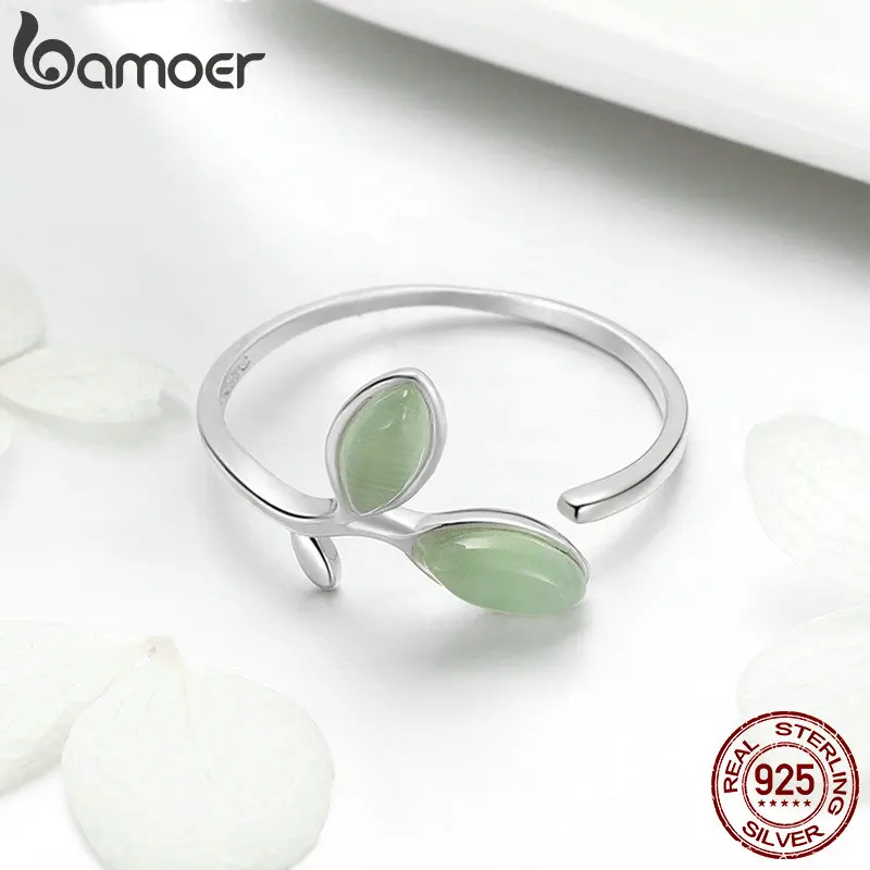 BAMOER 925 Sterling Silver Hope Green Tree Leaves Tree Buds Female Finger Rings for Women Sterling Silver Jewelry SCR453