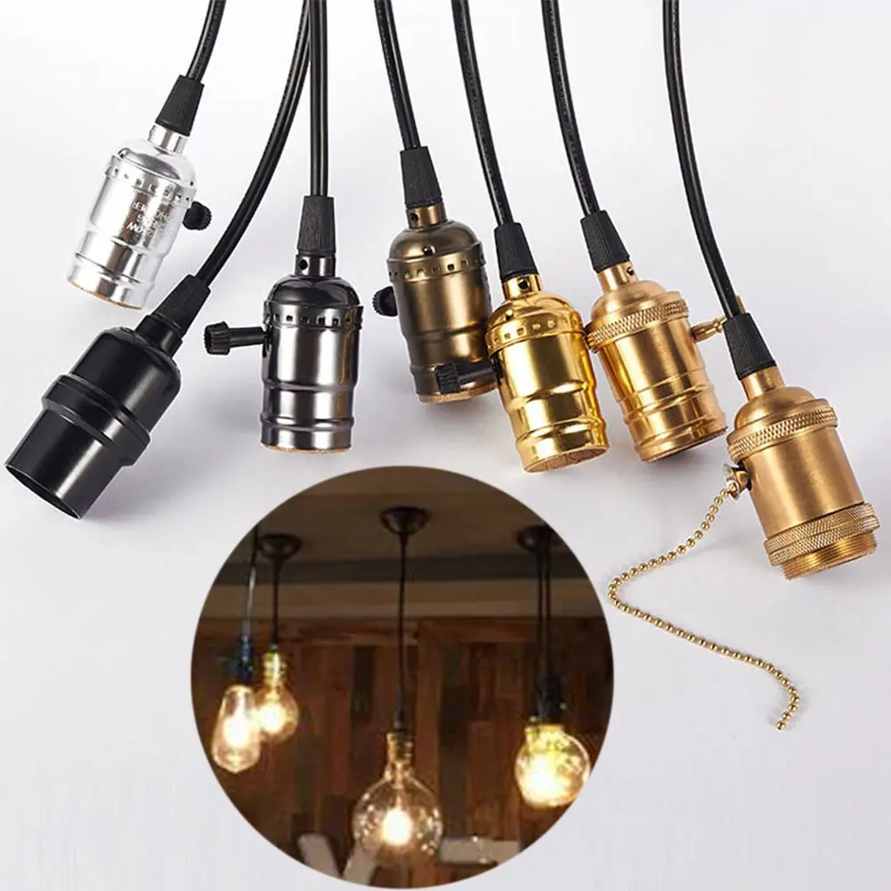ลูกบิด/สวิตช์ซิป Retro Edison หลอดไฟ E27 ซ็อกเก็ตโบราณทองเหลืองฐานโคมไฟสายไฟ Grip เกลียว Lampholder สำหรับจี้ light