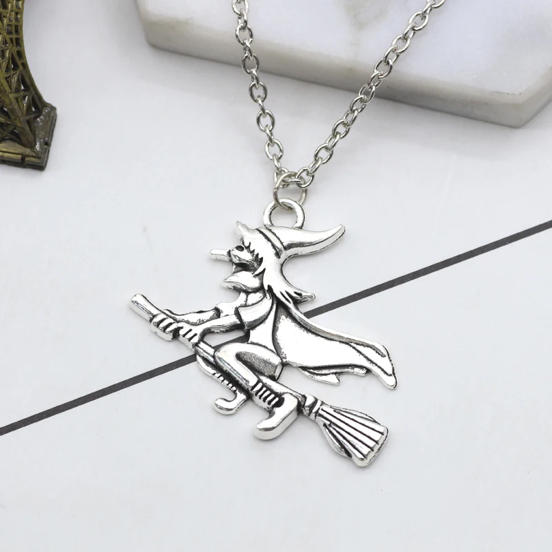 Punk Retro Witch Riding A Broom Necklace Fairy Alloy Neutral Pendant Fashion Men And Women Jewelry Halloween Gift Direct Sales
